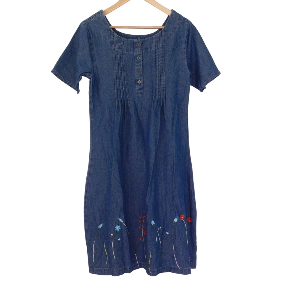 NEW Womens Denim Dress Pintuck Short Sleeve Embroidery Flowers Knee Length Sz‎ M